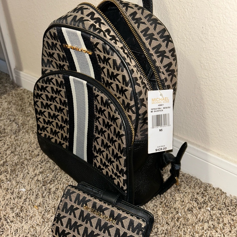 Michael Kors Black and Tan Backpack with Wallet